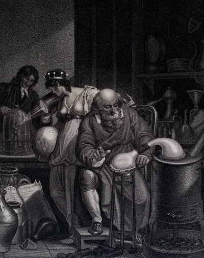 A man in the foreground conducts an alchemical experiment with an alembic; in the background a female figure representing the world looks at a chemist, who prepares an oxygen experiment with a glass jar and a candle; representing the historical trans