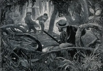 A man in the jungle, holding a gun; two men carry the body of a woman towards a hut in the background