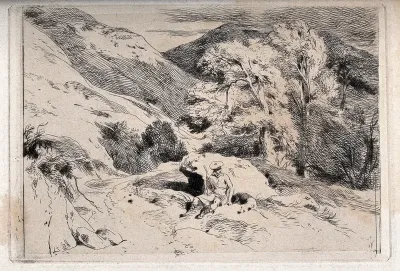 A man in traditional Scottish costume sits by a rock with his sleeping dog beside him, in a mountainous landscape