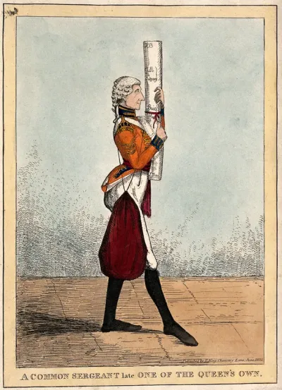 A man in uniform is carrying a large sack over his shoulder and a long roll of paper tied with ribbon in his hands