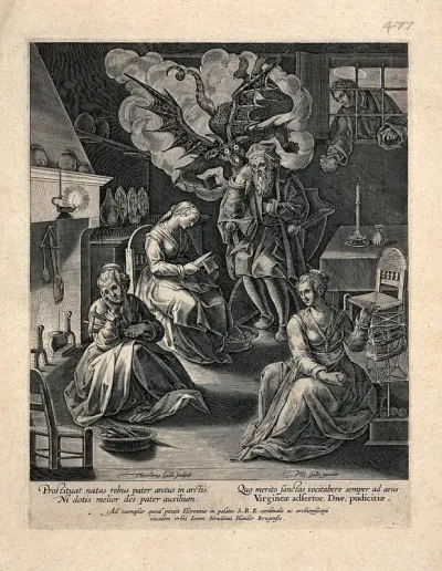 A man influenced by the devil to deprive his three daughters of an adequate dowry so that they must stay at home clothmaking