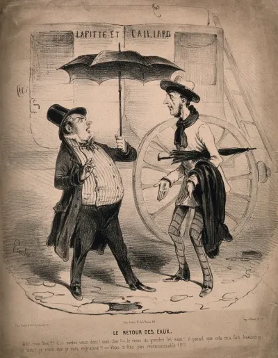 A man influenced by the fashion for hydropathy stands in the rain and encounters a friend