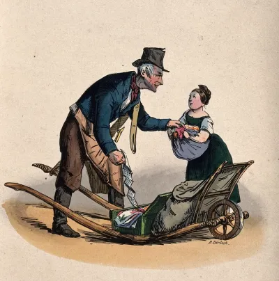A man is attempting to take some things that a girl has wrapped up in her apron, he has a paper in his other hand and a sack and a box on his trolley