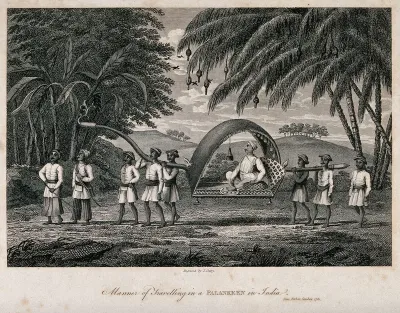 A man is being carried in a litter by his servants