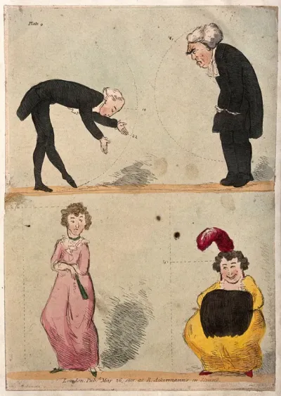 A man is being taught how to bow, and a woman how to curtsey