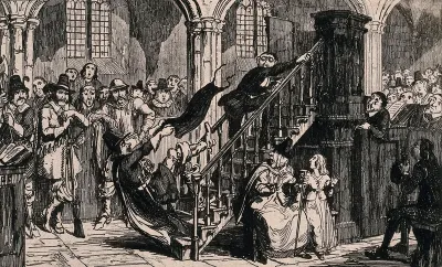 A man is falling down the stairs of the pulpit watched by the congregation in the church, as he falls he pulls the robe of the priest