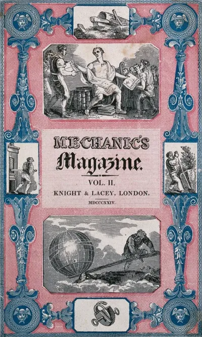 A man is handing out issues of the Mechanic's magazine to engineers, and Archimedes moving the Earth using a plank as a lever