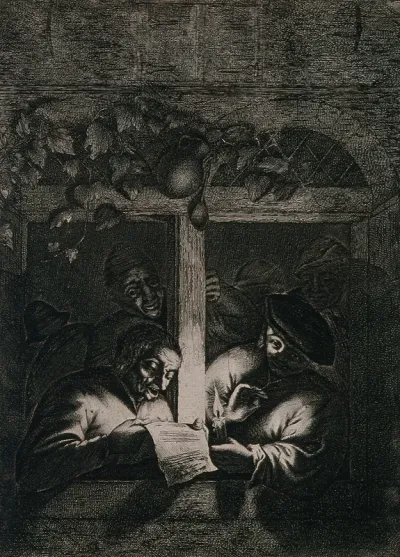 A man is leaning out of a window reading a letter by the light of the candle which his companion is holding