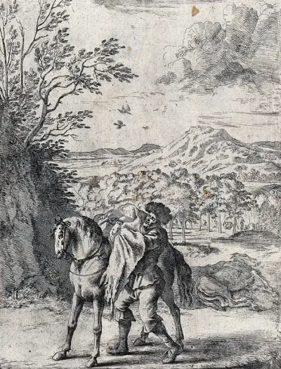 A man is packing coffers on to a horse while an ass is lying dead and flayed in the background; illustration of a fable