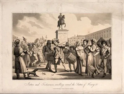 A man is playing a fiddle as a group of men and women dance around the equestrian statue of Henri IV on the Pont Neuf in Paris