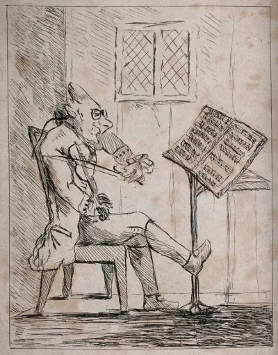 A man is playing a violin as he looks at the music score on a stand in front of him