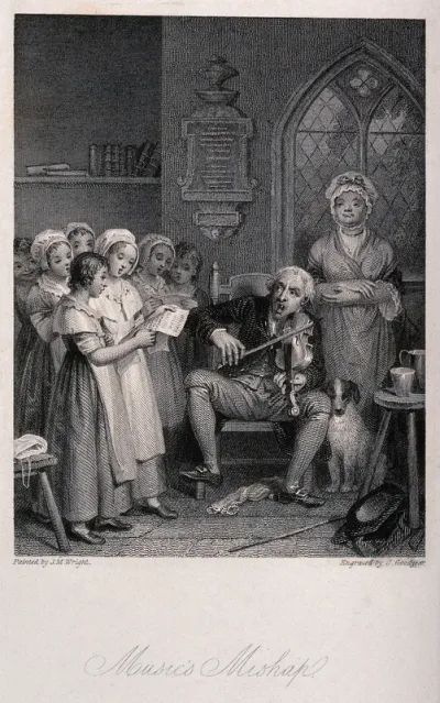 A man is playing a violin to a accompany a group of girls singing