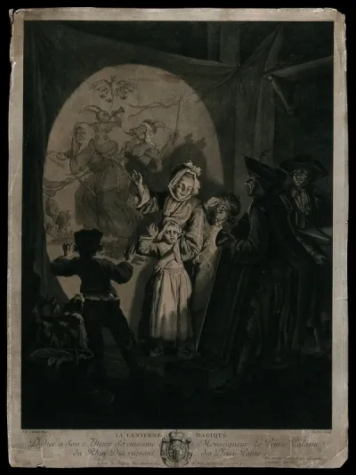 A man is projecting on to a sheet the images of a magic lantern to three children