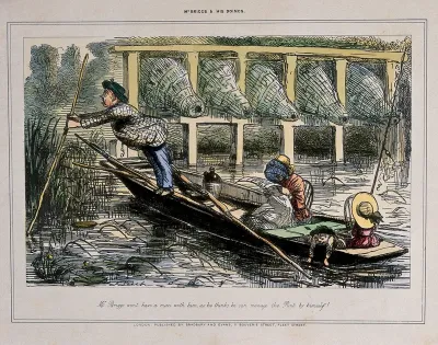 A man is punting on a river but his pole seems to be stuck; a woman in the boat is reading and a small boy trails his hands in the water