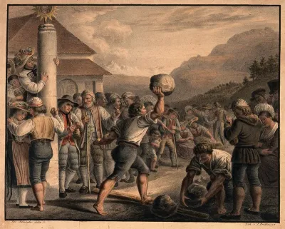 A man is running with a large stone in his hand, another man picks up a stone to join the competition