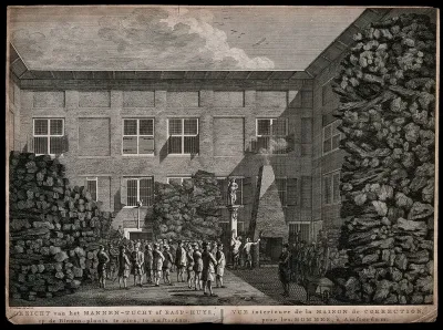 A man is scourged in the backyard of a house of correction in Amsterdam with a crowd of inmates looking on