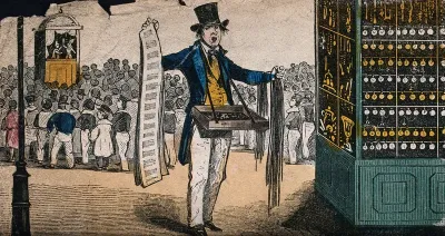 A man is selling song sheets at a fair; a crowd has gathered to watch a Punch and Judy show