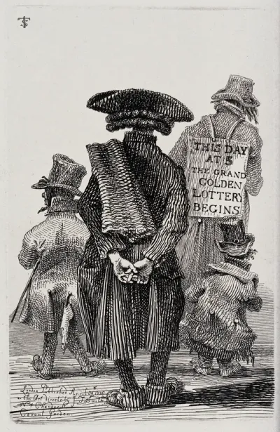 A man is shown from behind reading a sandwich board attached to the back of the man in front of him, advertising a lottery