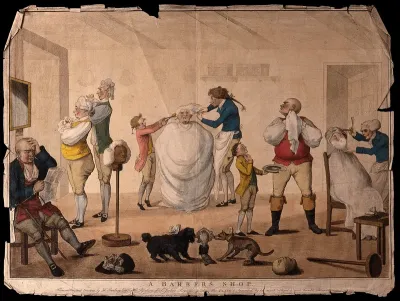 A man is sitting in a barber's shop having his hair combed and crimped, another man is being shaved, others are trying on wigs and tying their cravats