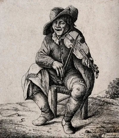 A man is sitting on a stool playing a fiddle