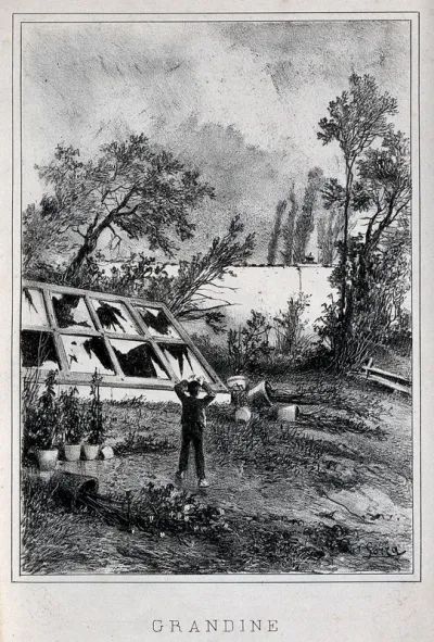 A man is standing in front of a glass-house destroyed by hail