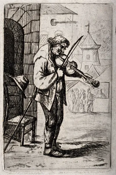 A man is standing on the edge of a market place playing a fiddle with a bow
