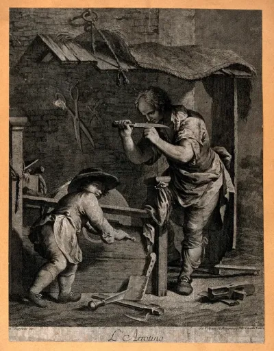 A man is testing the sharpness of a blade which he has been grinding on the wheel turned by the boy