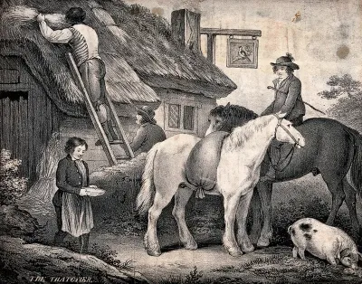 A man is thatching the roof of a cottage as a boy brings a bowl of water for the horses to drink