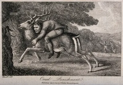 A man is tortured by being tied with hands and feet to a fleeing stag