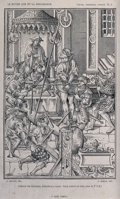 A man is tortured on an intricate contraption which combines a rack, a pulley and weights and lifted up by it before the inquisitor and his scribe