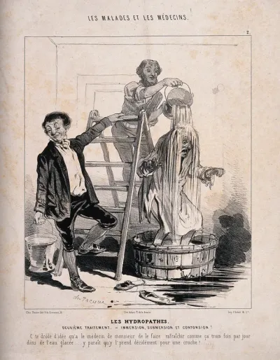 A man is treated to a cascade of water in the name of hydropathy