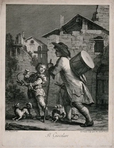 A man is walking with a stick and has a drum strapped to his back, two dogs in fancy dress are with him and a boy who is carrying a hoop and two swords