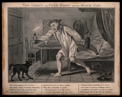 A man is woken by the ghost of a friend calling to him: he crosses his bedroom in a nightshirt and holding a candle, and is annoyed to find it is a cat