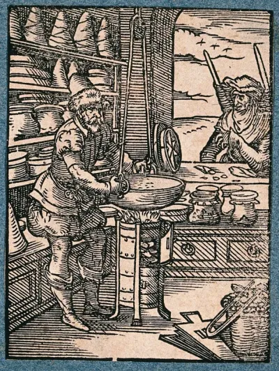 A man is working at a large bowl over a fire, a man at the window is offering to buy his wares