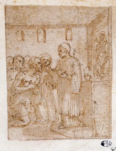 A man kneeling before an altar and receiving the sacrament from a priest