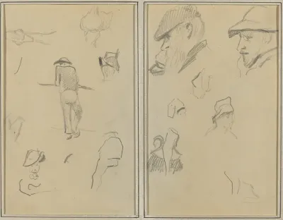 A Man Leaning on a Wall with Five Other Studies; Two Bearded Men Wearing Hats, and Five Other Studies