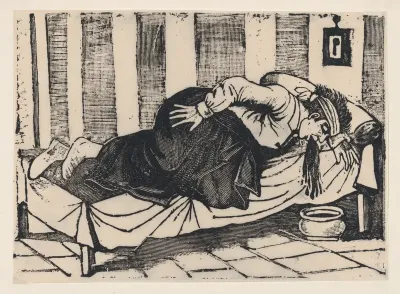 A man leaning over the side of a bed vomiting, from a broadside entitled 'Death of Aurelio Caballero due to yellow fever in Veracruz'