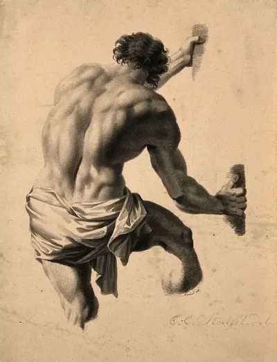 A man leaning to the right, gripping a tree trunk, seen from behind