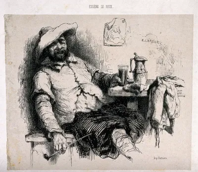 A man leans back from a table holding a pipe in one hand and a full glass in the other; a jug is on the table