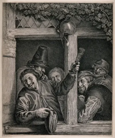 A man leans out of a tavern window with a glass and cap in hand, others watch from inside