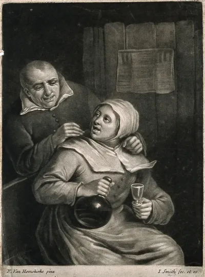 A man leans over a seated woman who holds a glass and bottle in either hand
