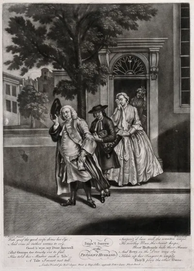 A man leaves the house followed by his servant, a woman weeps and a girl in the background makes a gesture