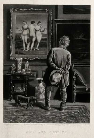A man looking at a version of the painting of the three Graces by Raphael