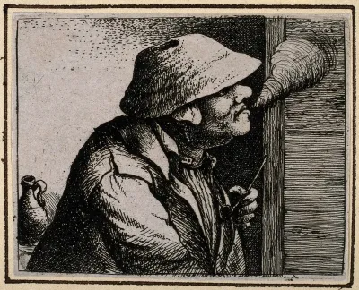 A man looking out of a window, holding a pipe, exhaling tobacco smoke