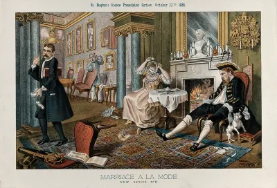 A man (Lord Hartington) and his wife (Radicalism) having breakfast in a richly decorated room, the morning after a card party