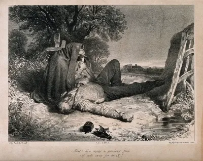A man lying dead on the ground with a broken bottle; a woman sits crying at his side