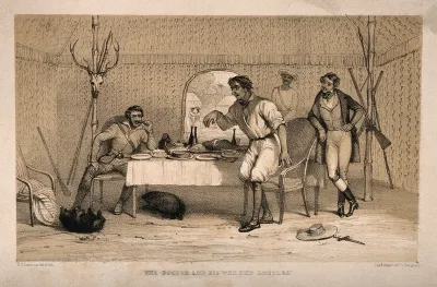A man making fun of a physician because he keeps two wild animals as pets, in a tent in India(?)