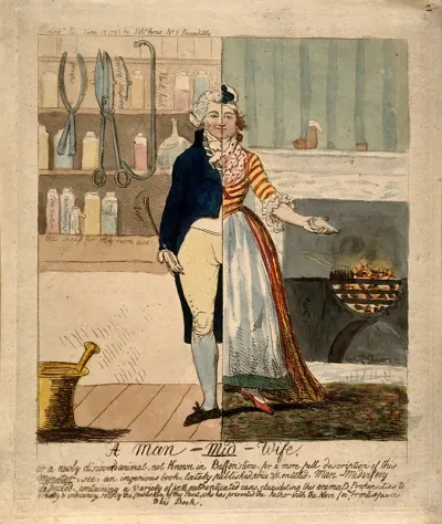 A "man-midwife" (male obstetrician) represented by a figure divided in half, one half representing a man and the other a woman