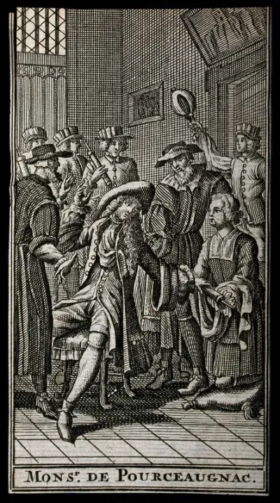A man (Mr. de Pourceaugnac?) is seated in a chair, surrounded by doctors holding various medical instruments. Engraving by Pierre Brissart, 1682