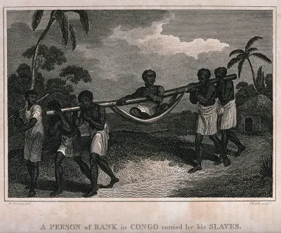 A man of high rank in the Congo is being carried in a litter by four other men